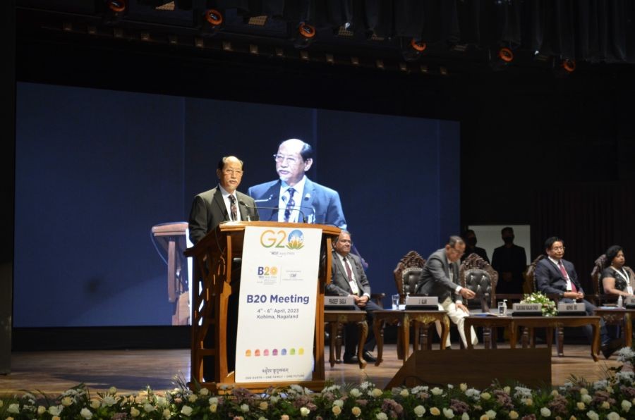 Nagaland CM Neiphiu Rio speaking at the B20 conference in Kohima on April 5. (Morung Photo)